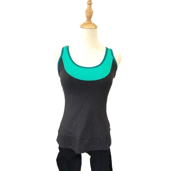 Lucy Active Tank Grey Green Stretch Athletic Yoga Criss Cross Back Shelf Bra - Picture 1 of 5